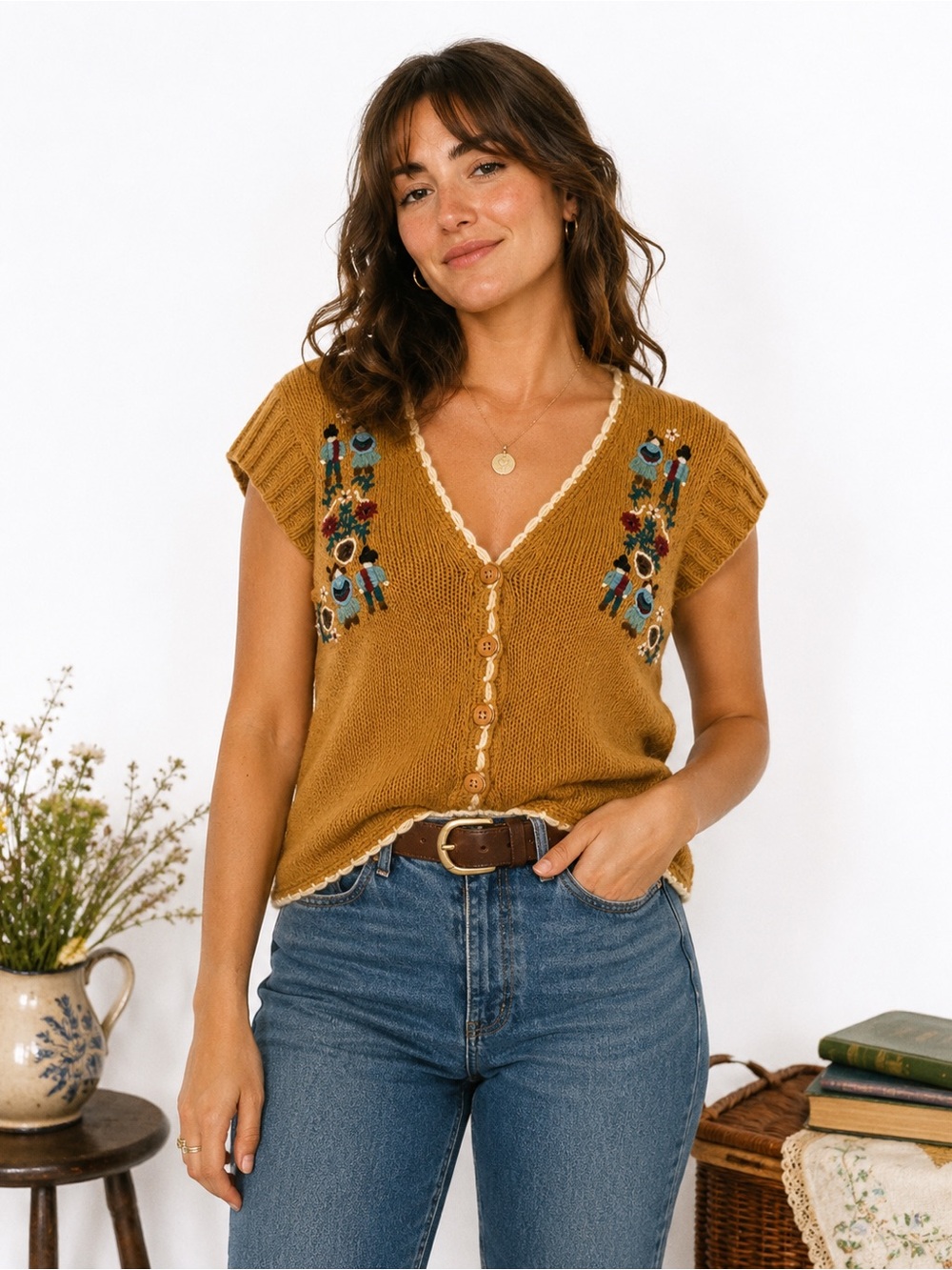 Vintage An Original Import M Folk Embroidered Sweater Vest Cardigan Cottagecore
